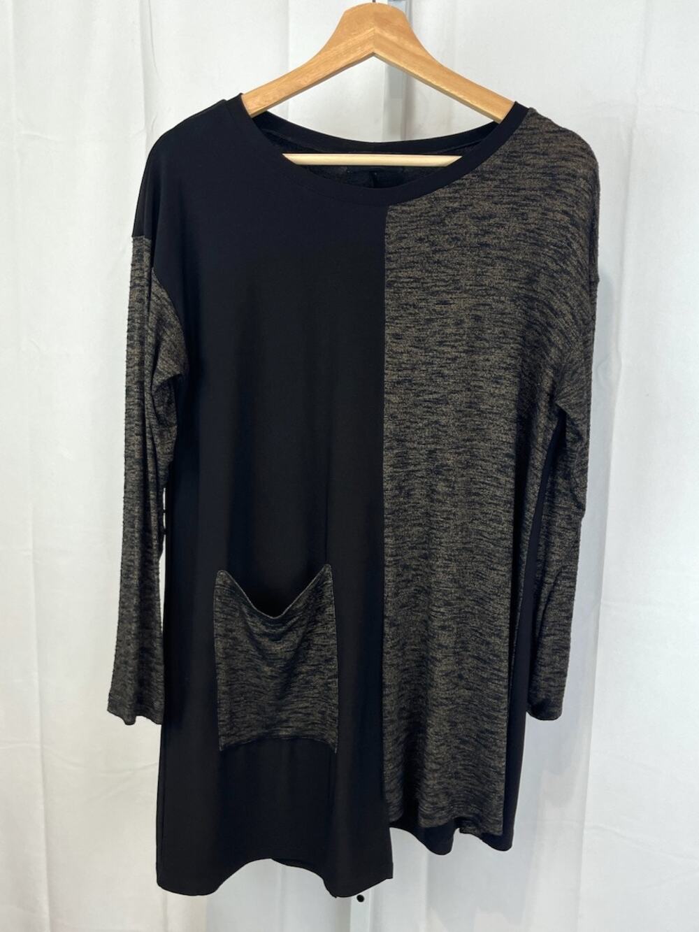 SUN KIM Sz S Colorblock Tunic Top Long Sleeve Asymmetric Pocket Hem Black Brown
